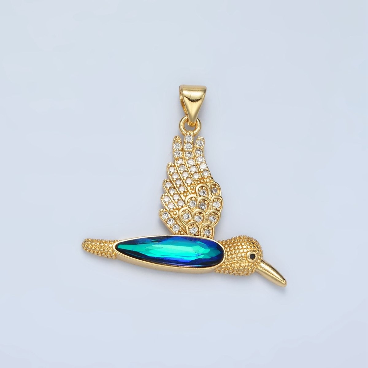 24K Gold Filled Micro Paved CZ Blue Humming Bird Pendant | AA - 905 - DLUXCA