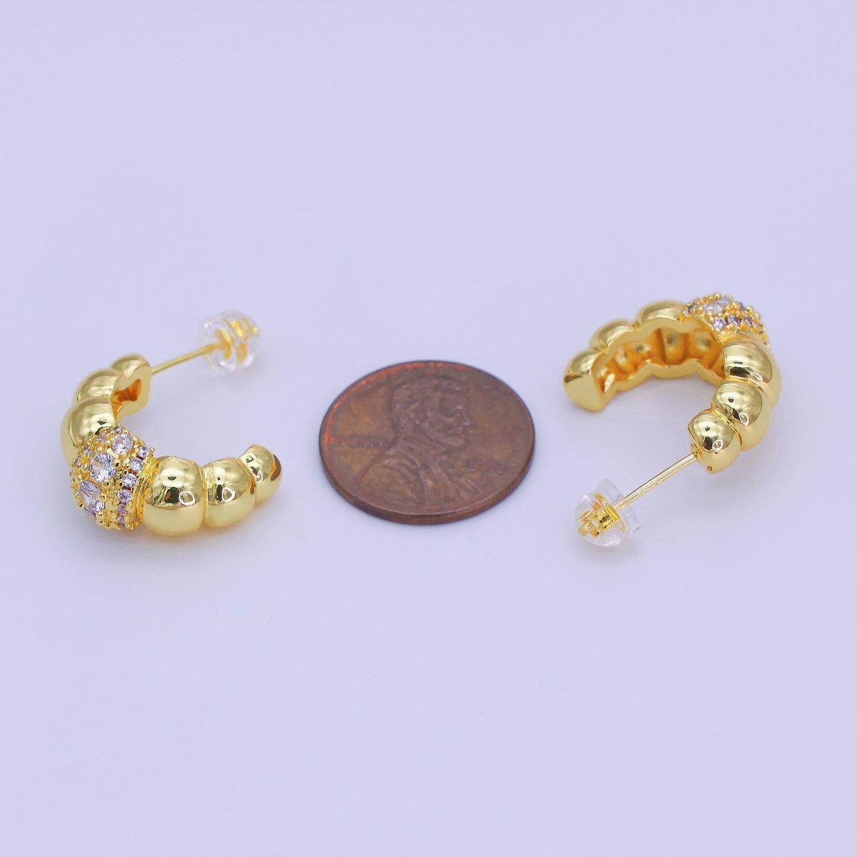 24K Gold Filled Micro Paved CZ Bubble Beaded C - Shaped Hoop Earrings | AI504 - DLUXCA