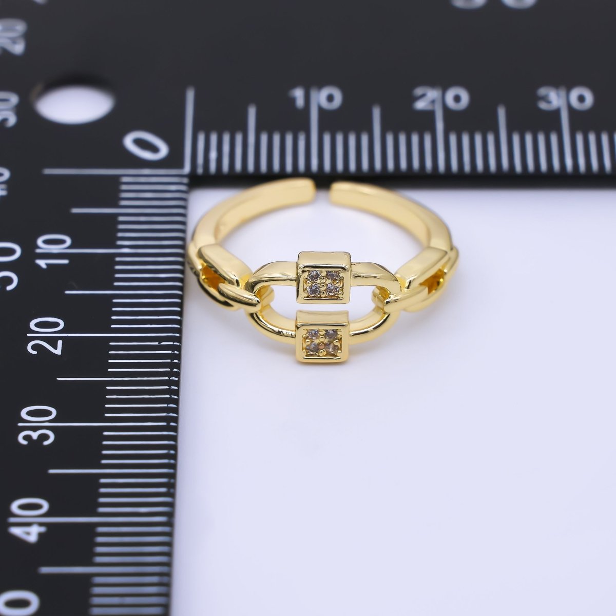 24K Gold Filled Micro Paved CZ Cable Anchor Chain Link Adjustable Ring | O1183 - DLUXCA