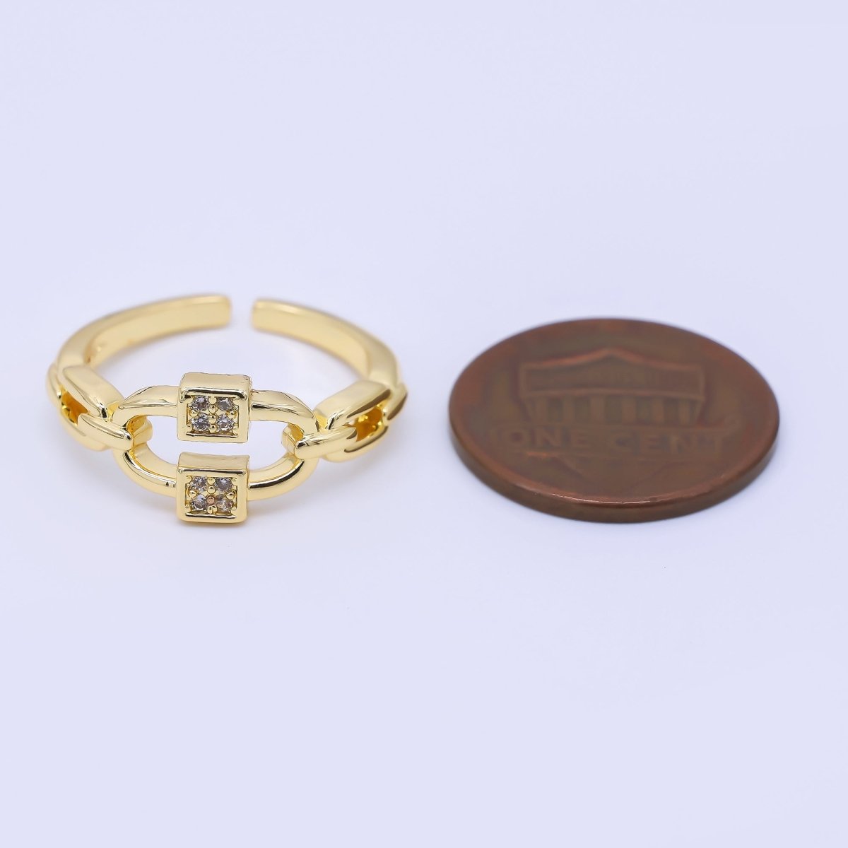 24K Gold Filled Micro Paved CZ Cable Anchor Chain Link Adjustable Ring | O1183 - DLUXCA