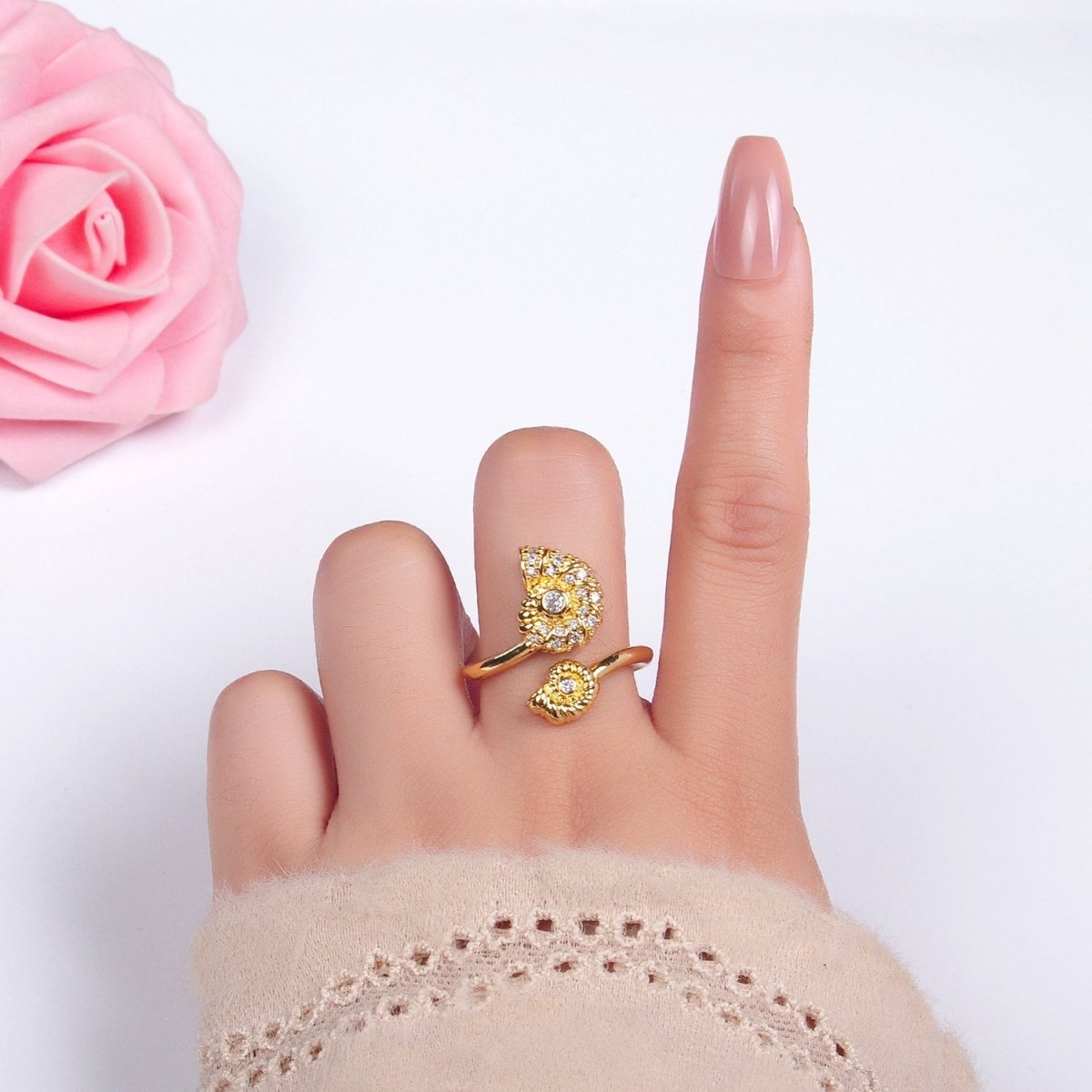 24K Gold Filled Micro Paved CZ Clam Shell Pearl Wrap Ring | U423 - DLUXCA