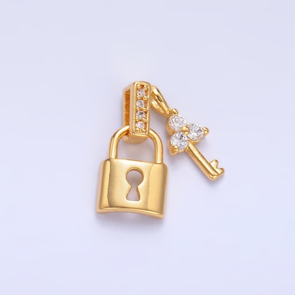 24K Gold Filled Micro Paved CZ Clover Key Padlock Pendant | AA1082 - DLUXCA