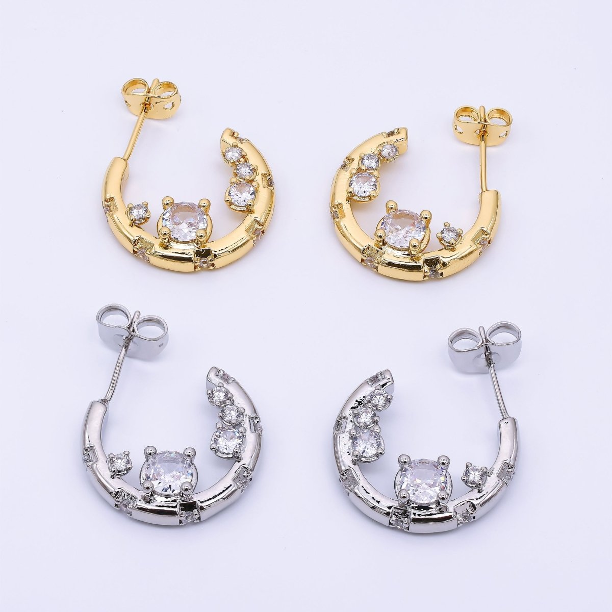 24K Gold Filled Micro Paved CZ Crescent C - Hoops Earrings in Gold & Silver | AJ - 079 AJ - 080 - DLUXCA
