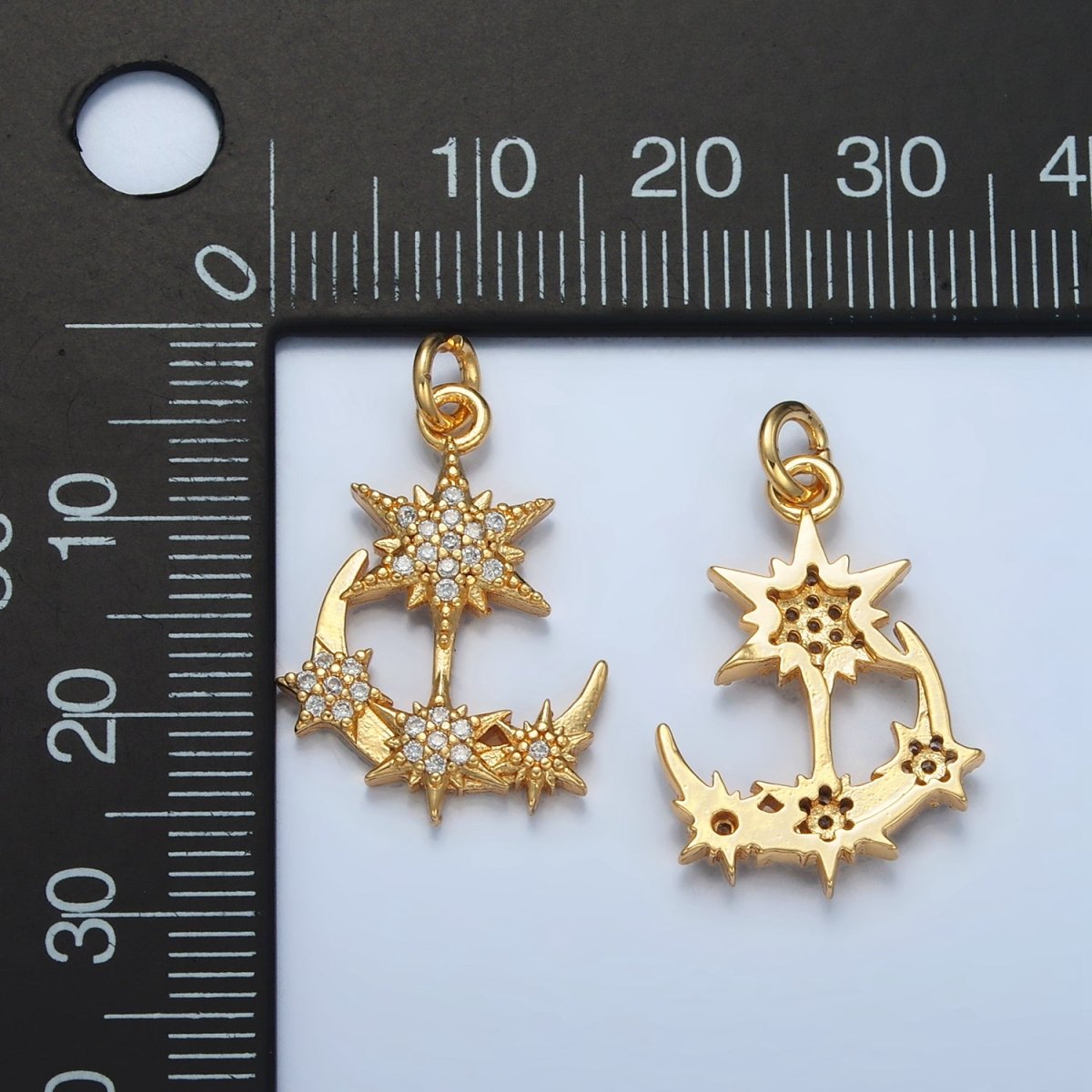 24K Gold Filled Micro Paved CZ Crescent Moon Star Celestial Charm | E305 - DLUXCA