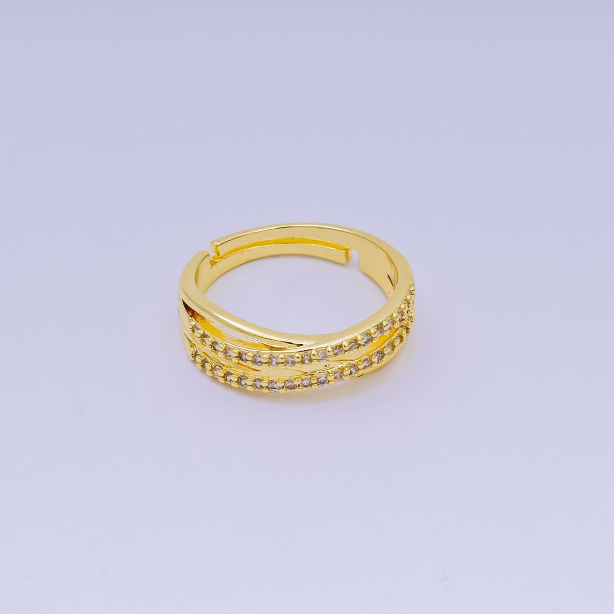 24K Gold Filled Micro Paved CZ Criss Cross Double Layer Adjustable Ring | O - 1450 - DLUXCA