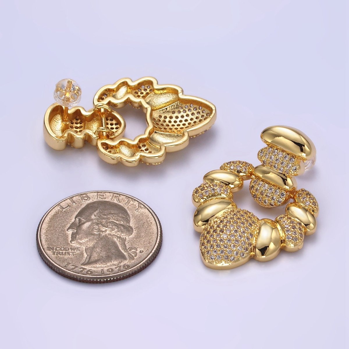 24K Gold Filled Micro Paved CZ Croissant Geometric Drop Stud Earrings | Q140 - DLUXCA