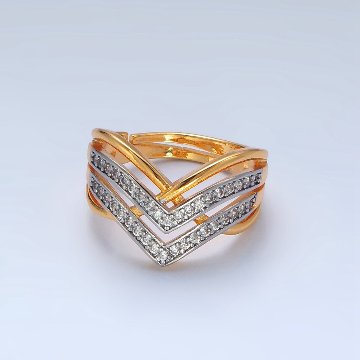 24K Gold Filled Micro Paved CZ Curved Chevron Band Ring | O1429 - DLUXCA