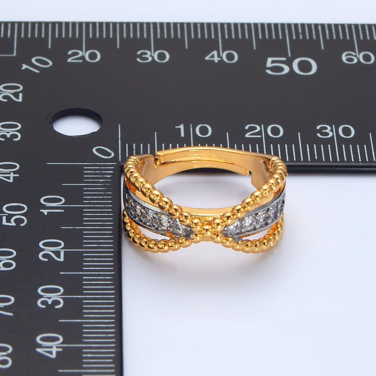 24K Gold Filled Micro Paved CZ Dotted Crossed Double Band Mixed Metal Ring | O1425 - DLUXCA