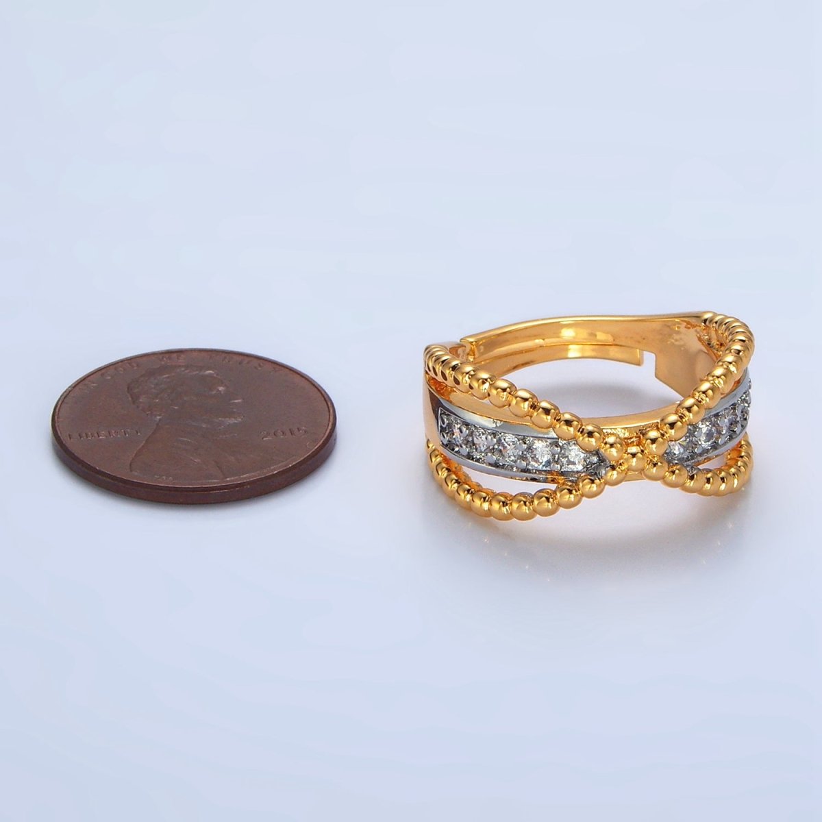 24K Gold Filled Micro Paved CZ Dotted Crossed Double Band Mixed Metal Ring | O1425 - DLUXCA