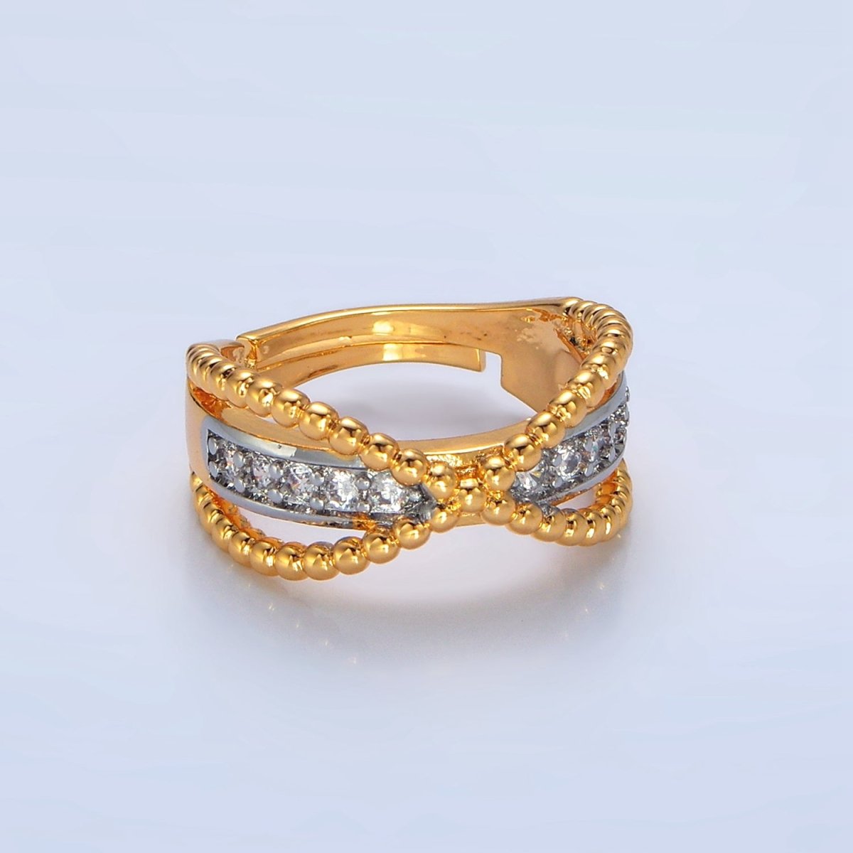 24K Gold Filled Micro Paved CZ Dotted Crossed Double Band Mixed Metal Ring | O1425 - DLUXCA