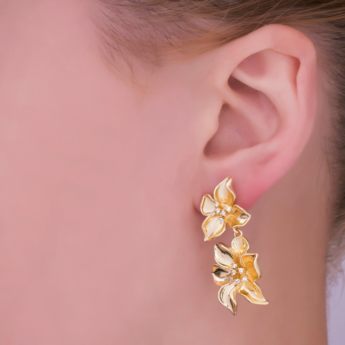 24K Gold Filled Micro Paved CZ Double Bloom Flower Stud Earrings | AJ - 0040 - DLUXCA