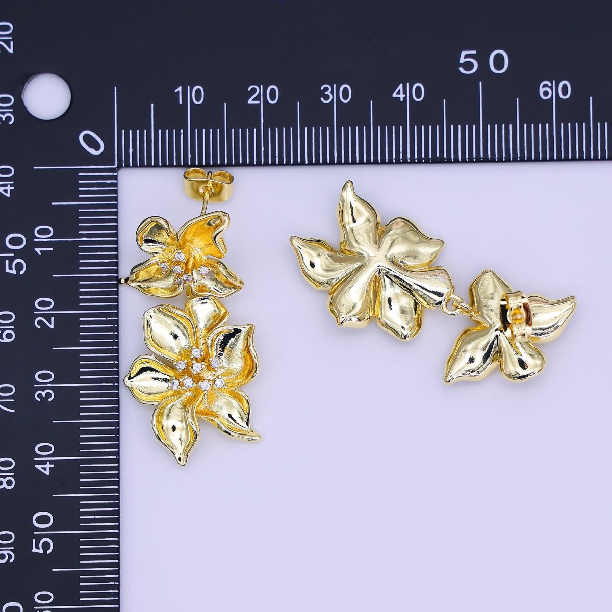 24K Gold Filled Micro Paved CZ Double Bloom Flower Stud Earrings | AJ - 0040 - DLUXCA