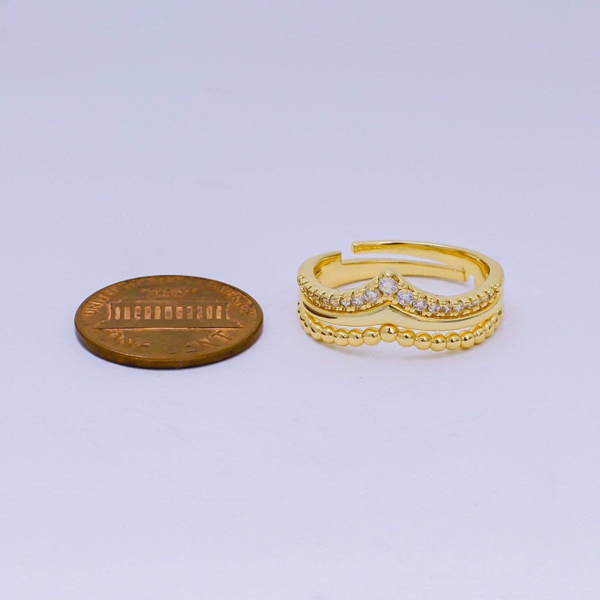 24K Gold Filled Micro Paved CZ Double Layer Beaded and CZ Crown Ring | O - 1448 - DLUXCA