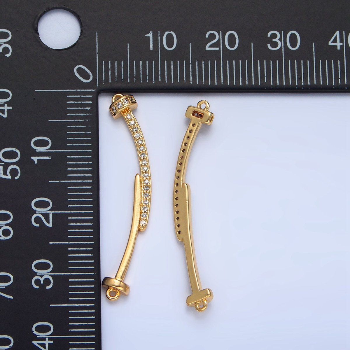 24K Gold Filled Micro Paved CZ Double Nail Needle Curved Connector | F458 - DLUXCA