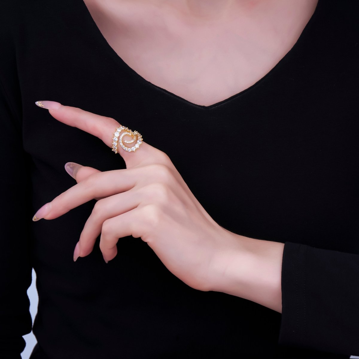24K Gold Filled Micro Paved CZ Double Swirl Spiral Ring | O - 1447 - DLUXCA
