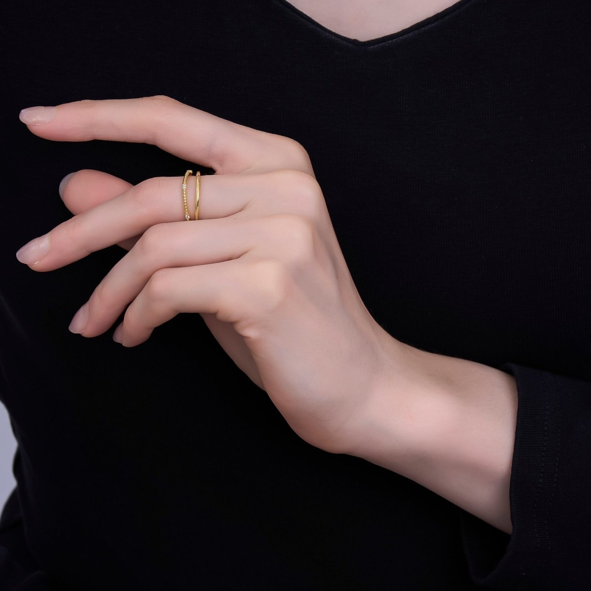 24K Gold Filled Micro Paved CZ Double Twin Moon Gleam Ring | O1442 - DLUXCA