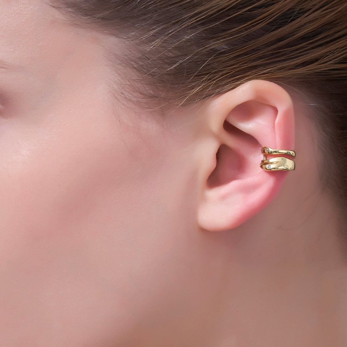 24K Gold Filled Micro Paved CZ Flow Wavefold Double Hammered Textured Earcuff | AI - 182 - DLUXCA