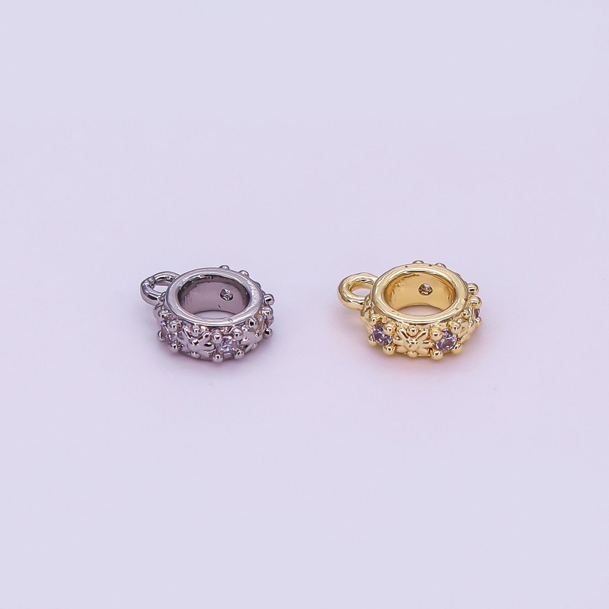 24K Gold Filled Micro Paved CZ Flower Round Floral Bead Spacer in Silver & Gold | Z1281 - DLUXCA