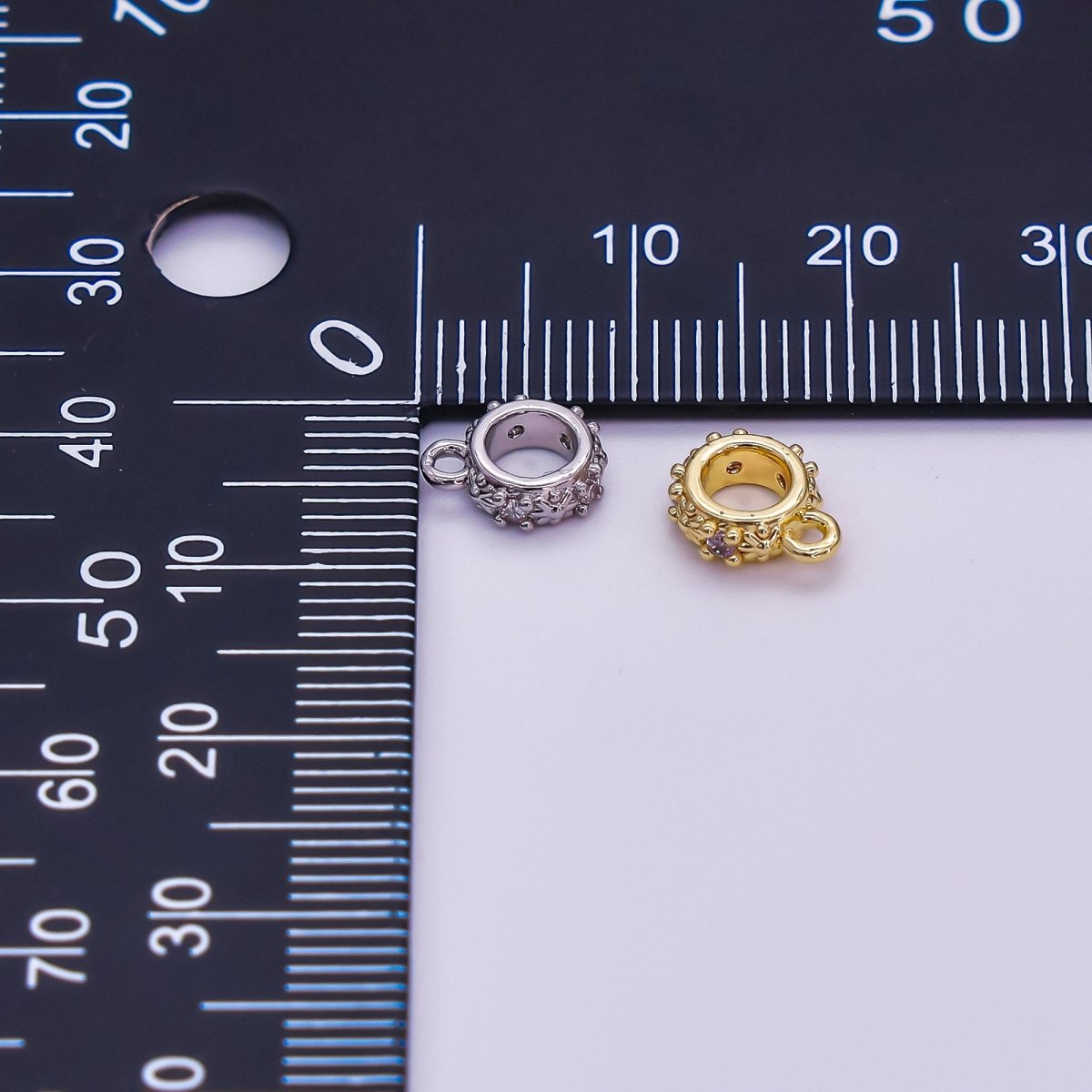24K Gold Filled Micro Paved CZ Flower Round Floral Bead Spacer in Silver & Gold | Z1281 - DLUXCA