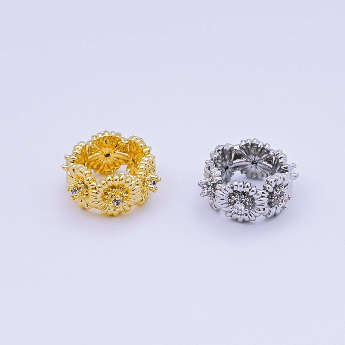 24K Gold Filled Micro Paved CZ Flower Sun Flower Barrel Bead Spacer in Silver & Gold | B008 - DLUXCA