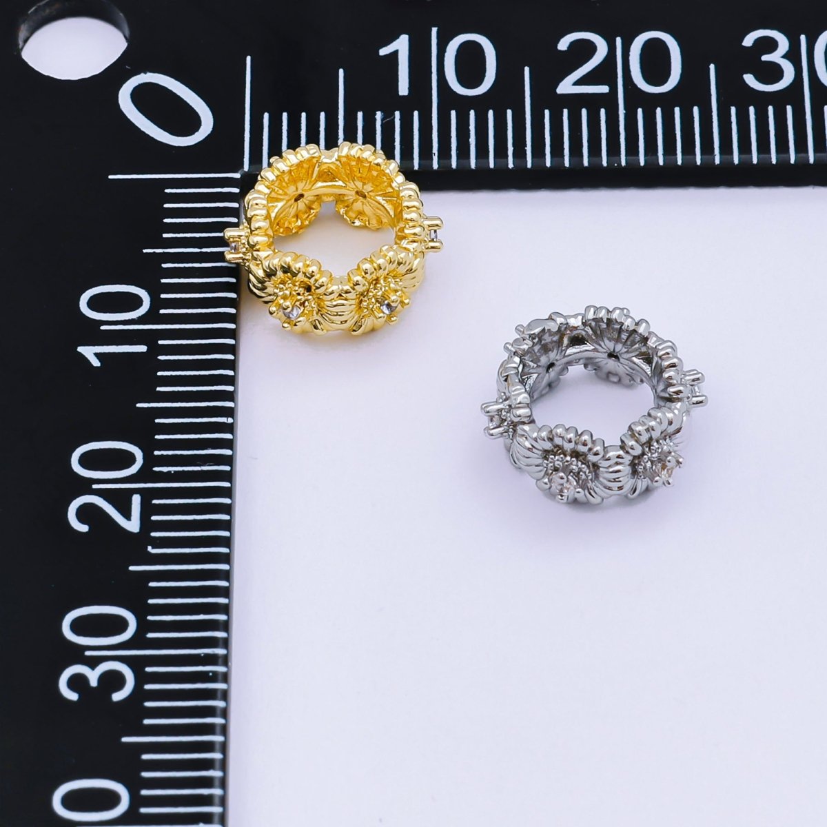 24K Gold Filled Micro Paved CZ Flower Sun Flower Barrel Bead Spacer in Silver & Gold | B008 - DLUXCA
