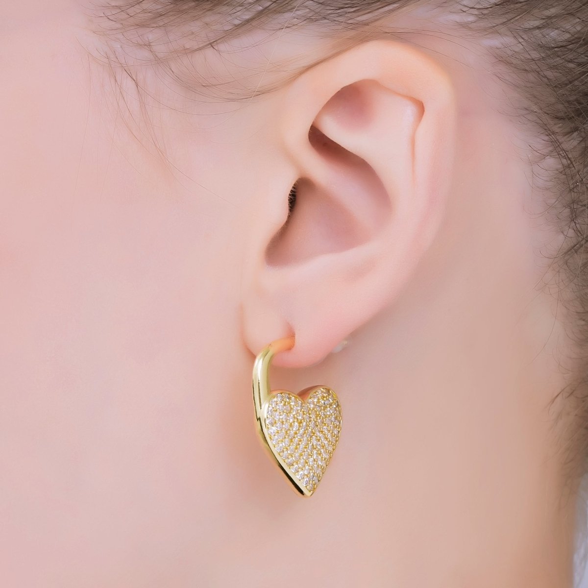 24K Gold Filled Micro Paved CZ Full of Heart C Shaped Drop Stud Earrings | AJ - 081 AJ - 082 - DLUXCA