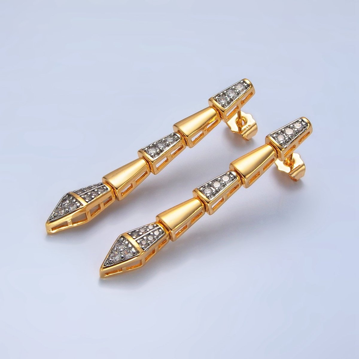 24K Gold Filled Micro Paved CZ Geometric Edged Linear Drop Stud Earrings | P020 - DLUXCA