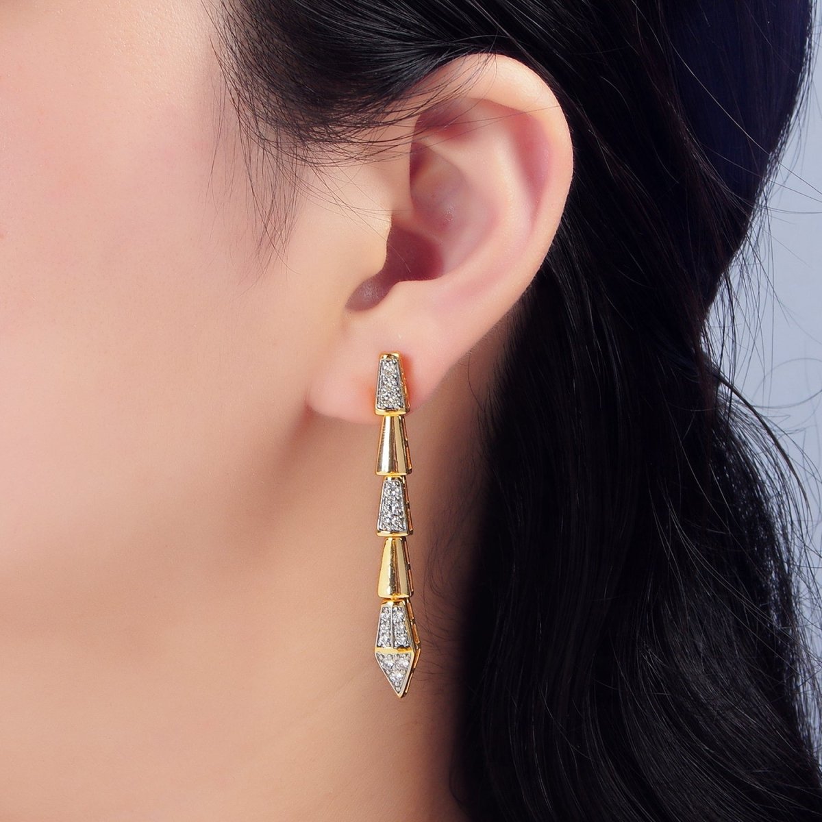 24K Gold Filled Micro Paved CZ Geometric Edged Linear Drop Stud Earrings | P020 - DLUXCA