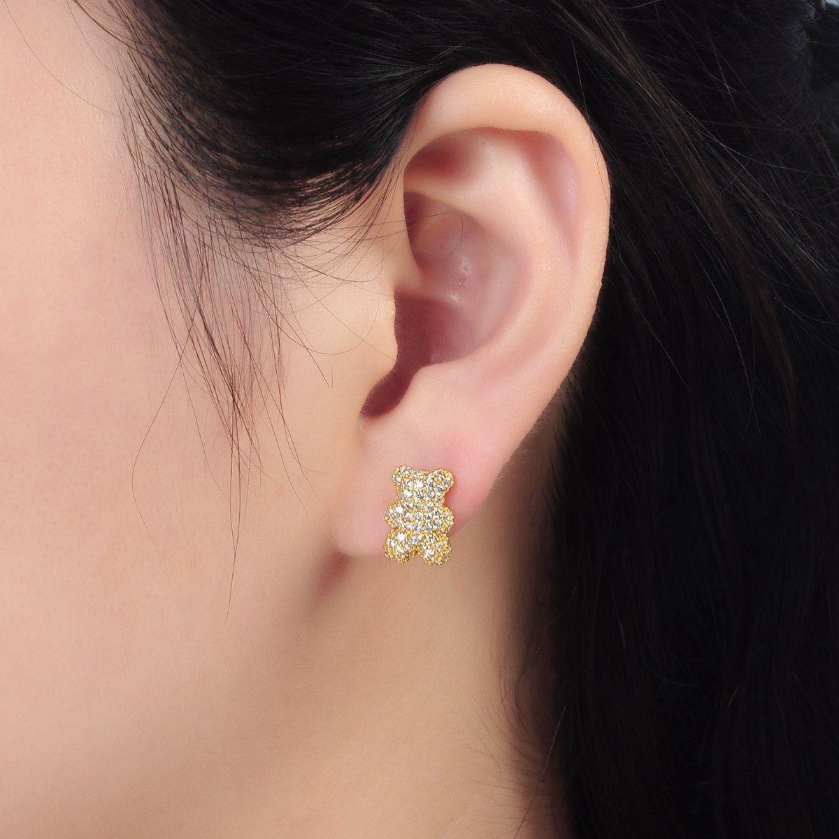 24K Gold Filled Micro Paved CZ Gummy Teddy Bear Stud Earrings | AB1240 - DLUXCA