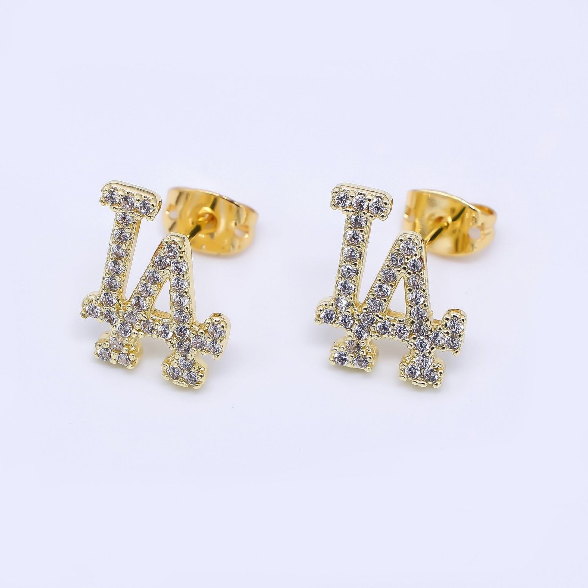 24K Gold Filled Micro Paved CZ LA Script Los Angeles Stud Earrings | T - 214 - DLUXCA