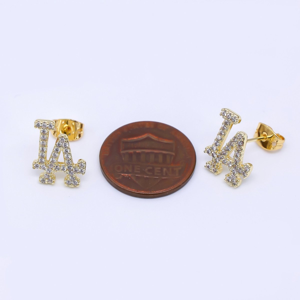 24K Gold Filled Micro Paved CZ LA Script Los Angeles Stud Earrings | T - 214 - DLUXCA