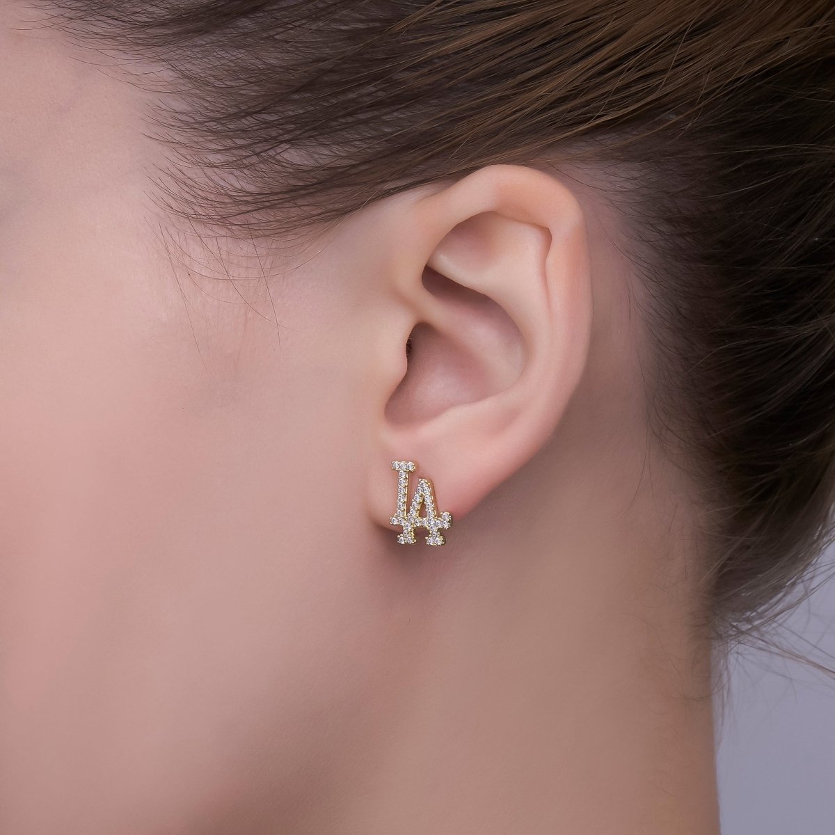 24K Gold Filled Micro Paved CZ LA Script Los Angeles Stud Earrings | T - 214 - DLUXCA