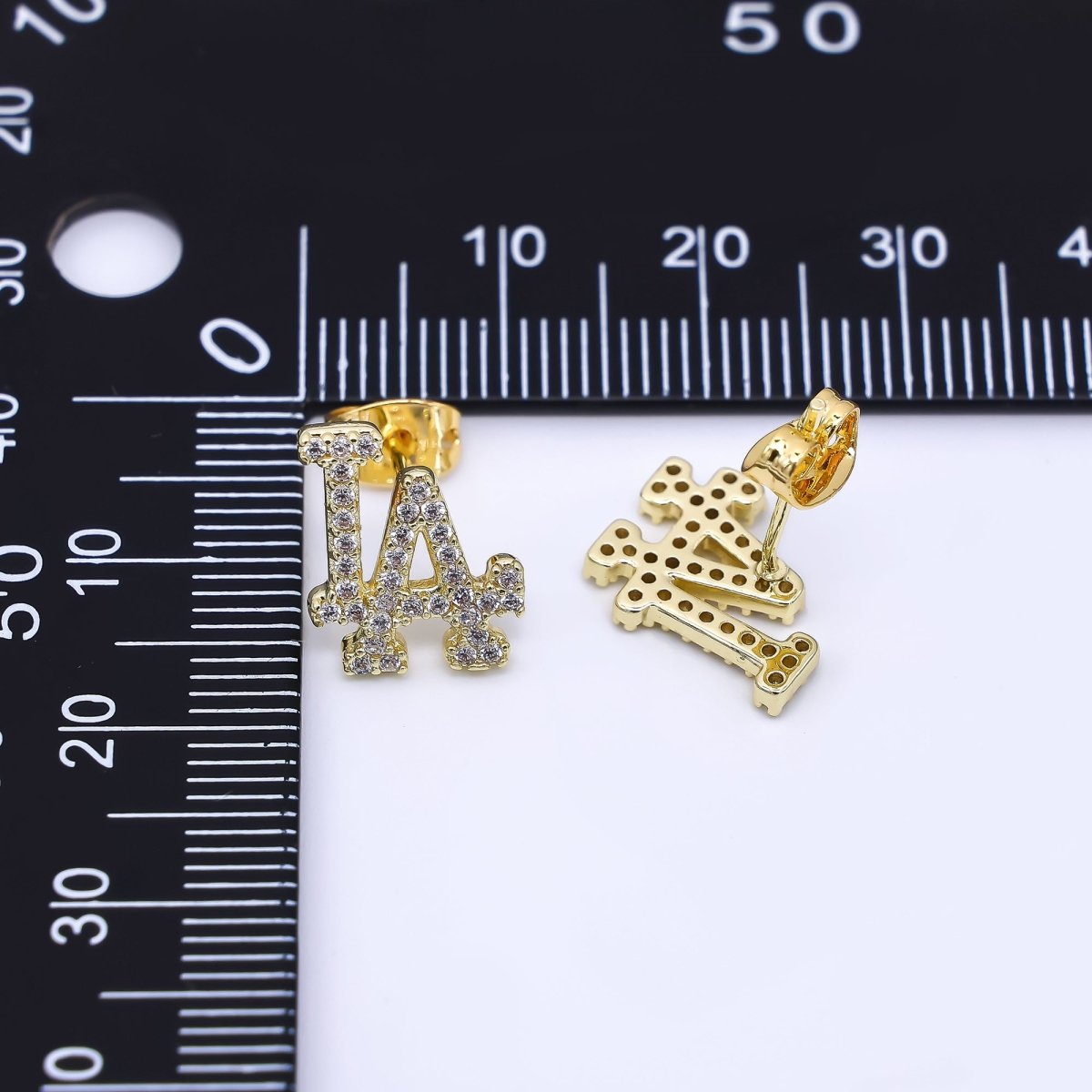 24K Gold Filled Micro Paved CZ LA Script Los Angeles Stud Earrings | T - 214 - DLUXCA