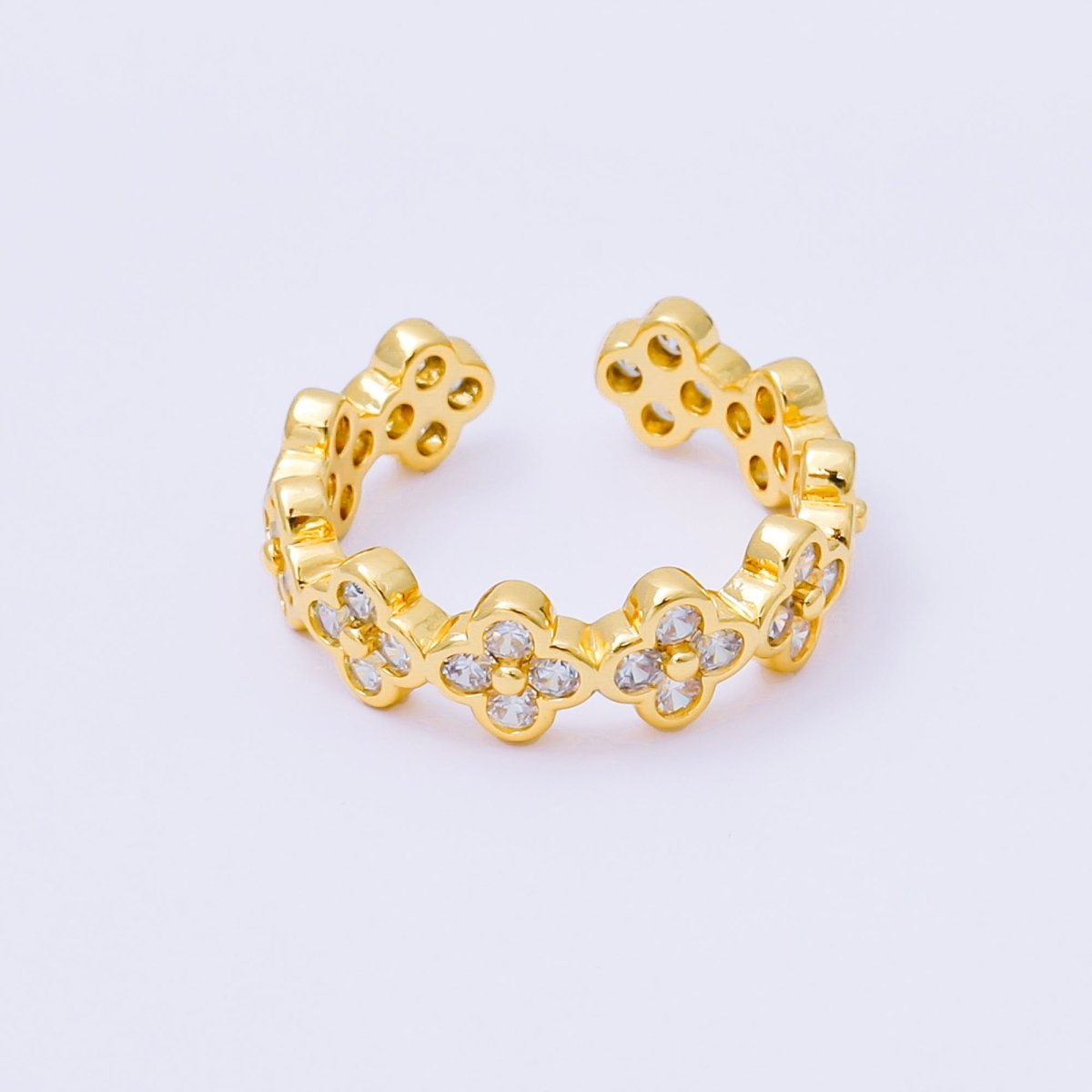 24K Gold Filled Micro Paved CZ Lucky Clover Loop Round Open Ring | O069 - DLUXCA