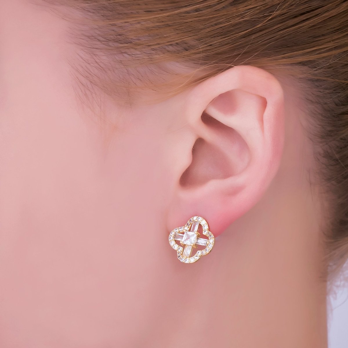 24K Gold Filled Micro Paved CZ Lucky Clover Stud Earrings | AJ - 042 - DLUXCA