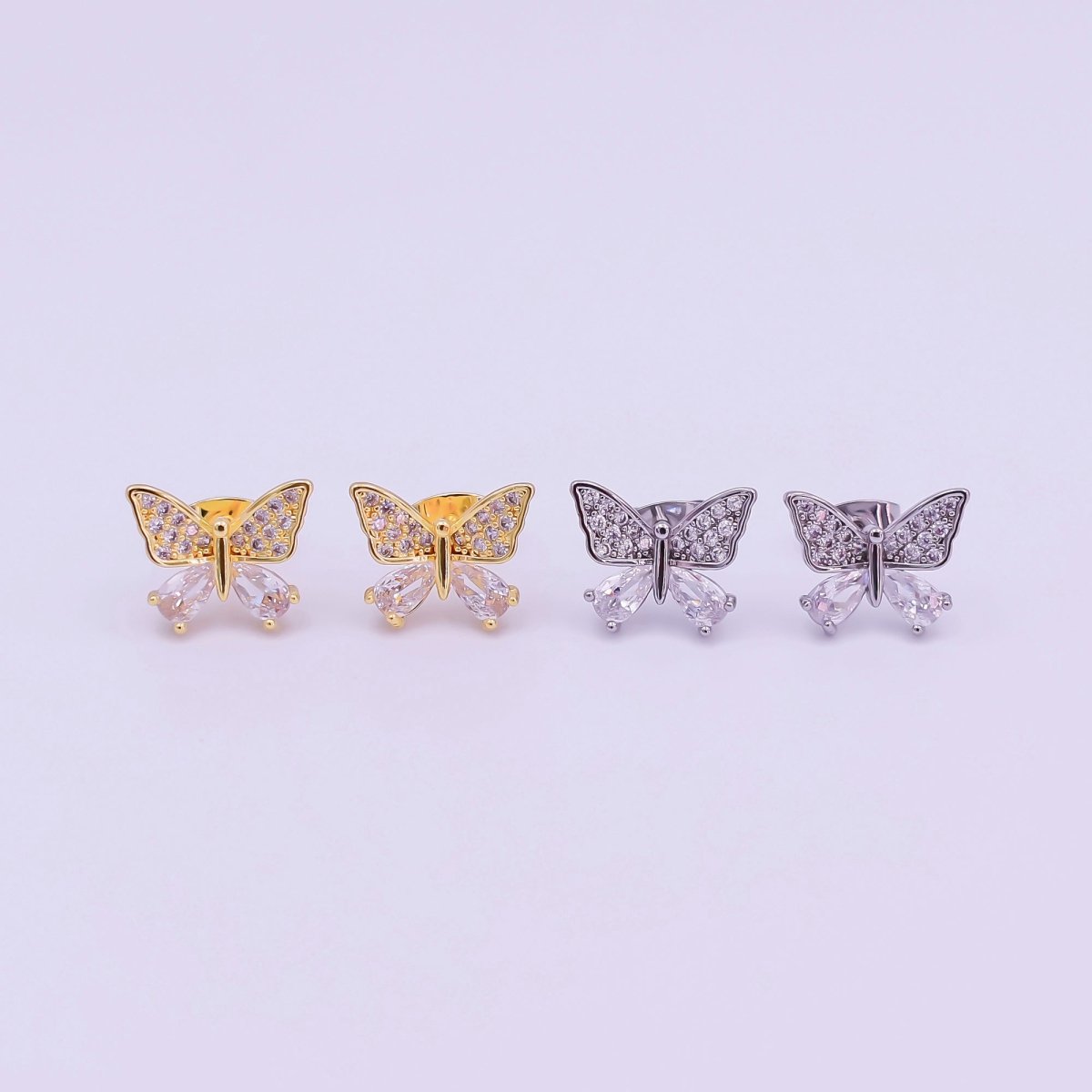 24K Gold Filled Micro Paved CZ Luxe Wings of Butterfly Stud Earrings in Gold & Silver | AI527 AI528 - DLUXCA