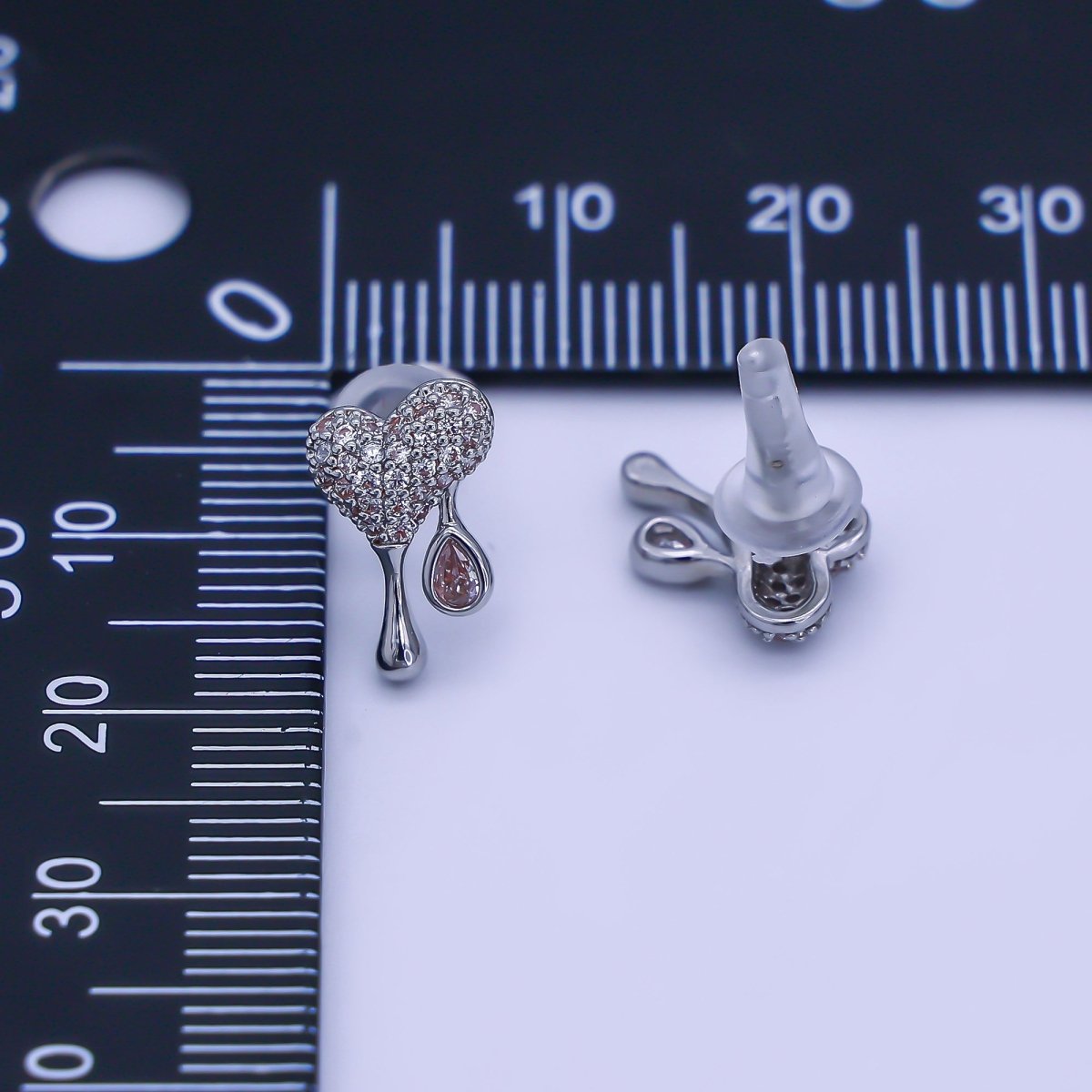 24K Gold Filled Micro Paved CZ Molten Drip Heart Stud Earrings in Gold & Silver | AE755 - DLUXCA