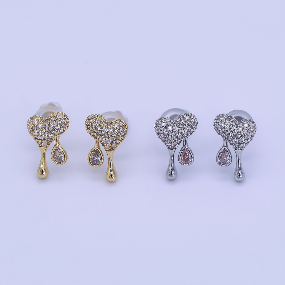 24K Gold Filled Micro Paved CZ Molten Drip Heart Stud Earrings in Gold & Silver | AE755 - DLUXCA