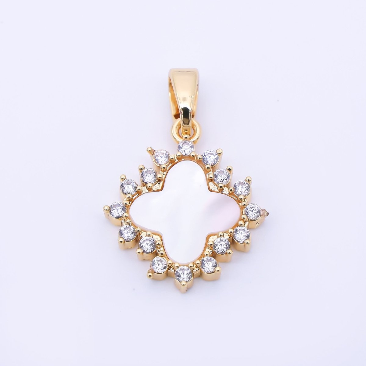 24K Gold Filled Micro Paved CZ Mother of Pearl Lucky Clover Pendant | AA1644 - DLUXCA