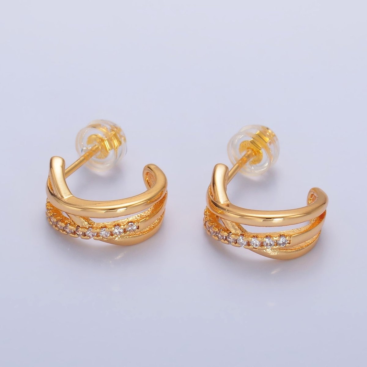 24K Gold Filled Micro Paved CZ Multiple Band Cartilage C - Shaped Hoop Earrings | P417 - DLUXCA