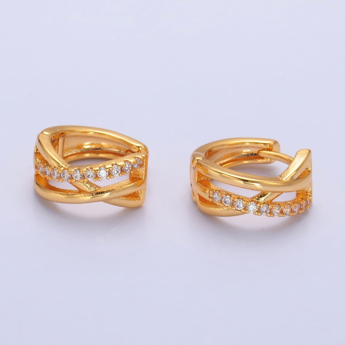 24K Gold Filled Micro Paved CZ Multiple Band Cartilage Huggie Earrings | P406 - DLUXCA