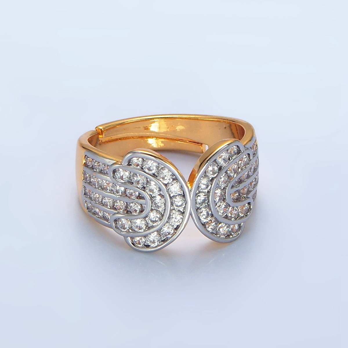 24K Gold Filled Micro Paved CZ Multiple Lined Wide Band Mixed Metal Ring | O1421 - DLUXCA