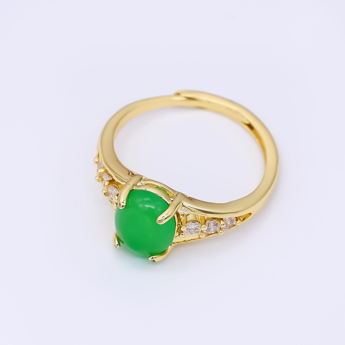 24K Gold Filled Micro Paved CZ Natural Gemstone Jade Dainty Circle Centerpoint Solitaire Adjustable Ring | O - 1481 - DLUXCA