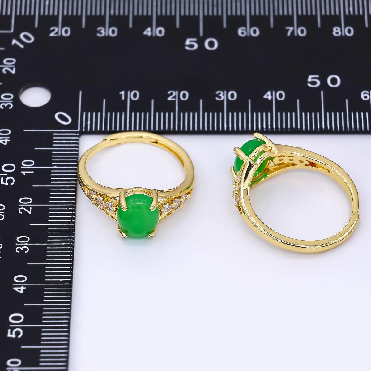24K Gold Filled Micro Paved CZ Natural Gemstone Jade Dainty Circle Centerpoint Solitaire Adjustable Ring | O - 1481 - DLUXCA