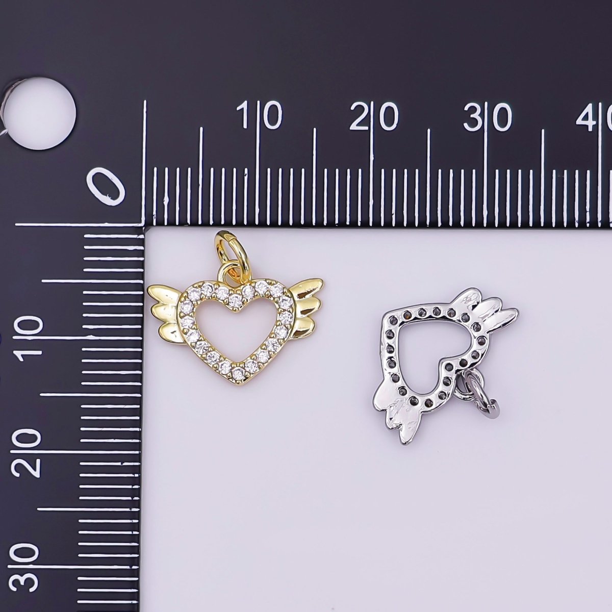 24K Gold Filled Micro Paved CZ Open Heart Wings Mini Charm in Gold & Silver | AJ298 - DLUXCA