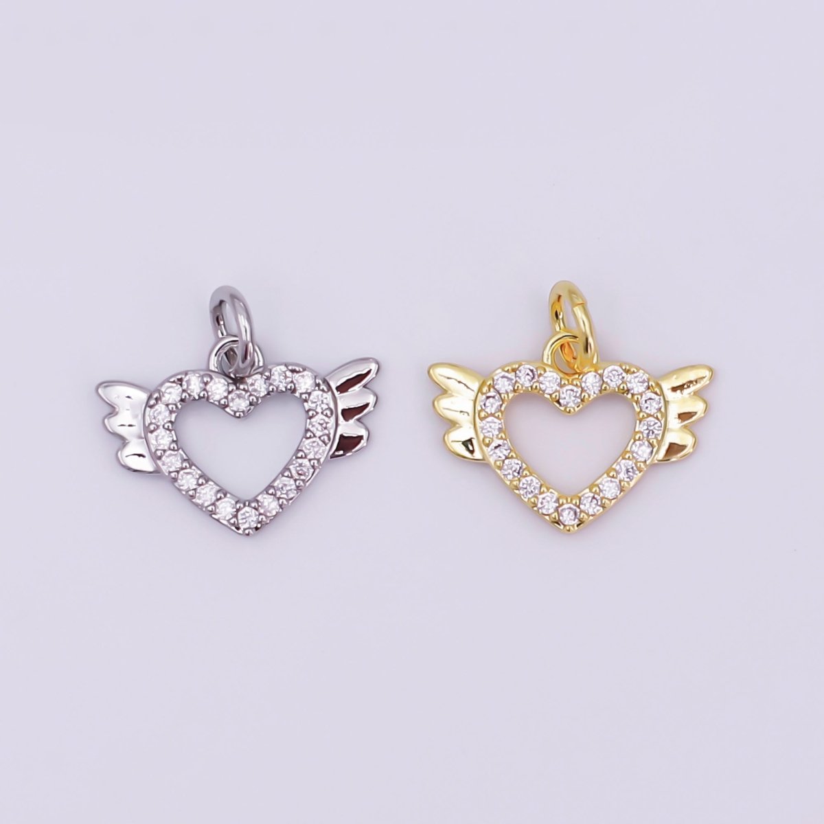 24K Gold Filled Micro Paved CZ Open Heart Wings Mini Charm in Gold & Silver | AJ298 - DLUXCA