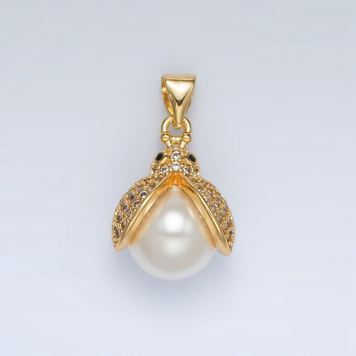 24K Gold Filled Micro Paved CZ Pearl Ladybug Pendant | AH187 - DLUXCA