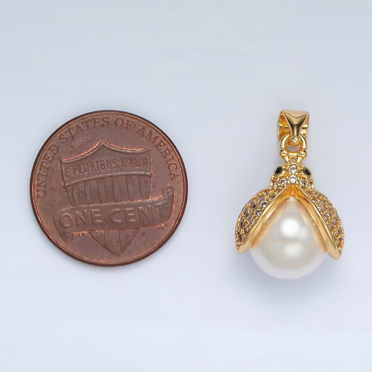 24K Gold Filled Micro Paved CZ Pearl Ladybug Pendant | AH187 - DLUXCA