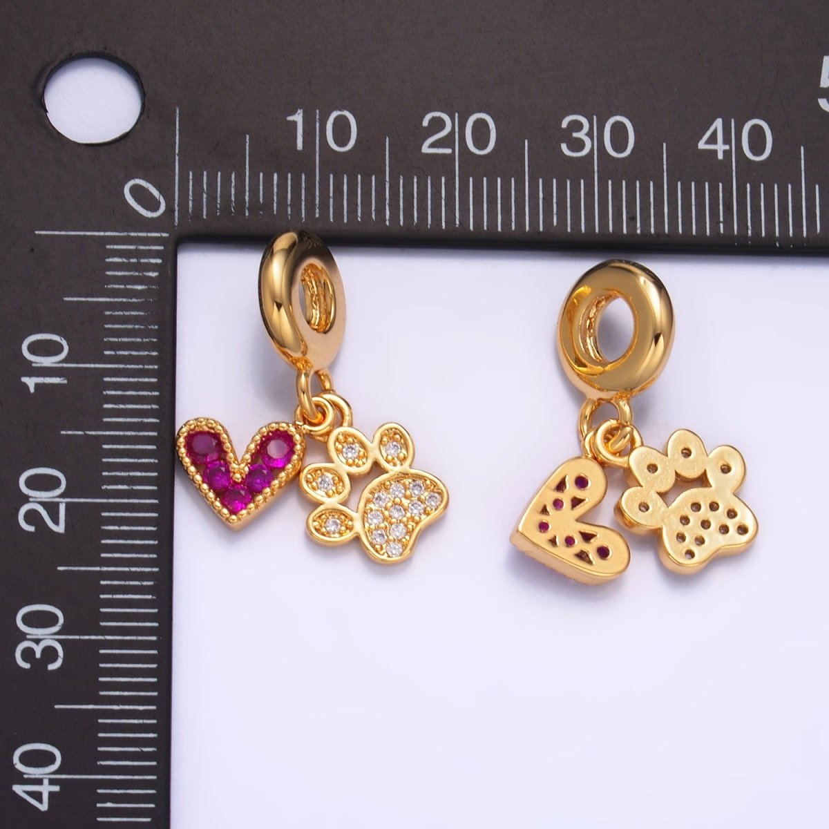 24K Gold Filled Micro Paved CZ Pink Heart Clear Pawprint Rhondelle Drop Pendant | W330 - DLUXCA