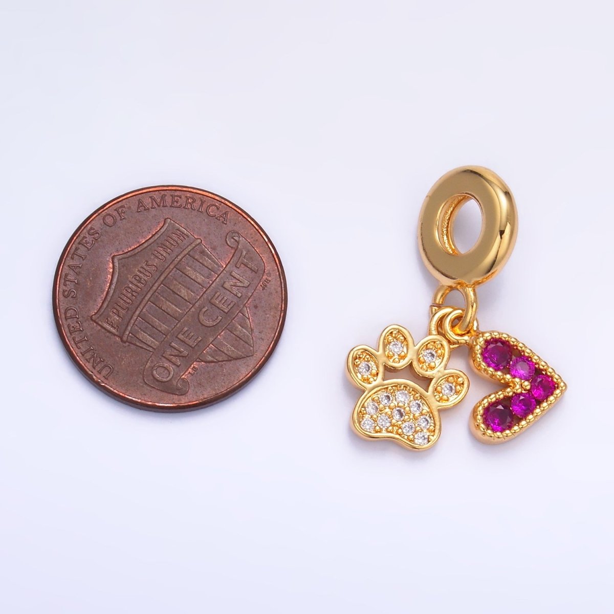 24K Gold Filled Micro Paved CZ Pink Heart Clear Pawprint Rhondelle Drop Pendant | W330 - DLUXCA